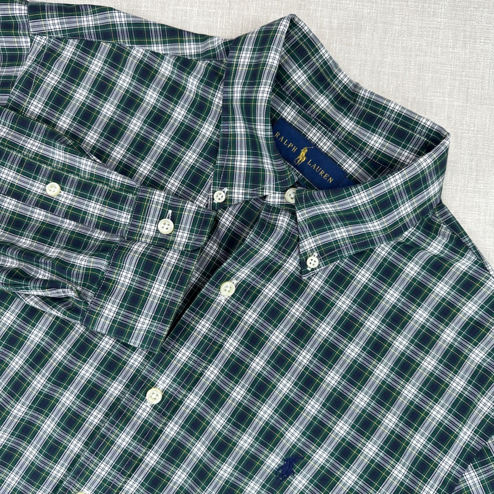 Ralph Lauren Button Down Shirt Mens M Green Navy Plaid Classic Fit Stretch Pony